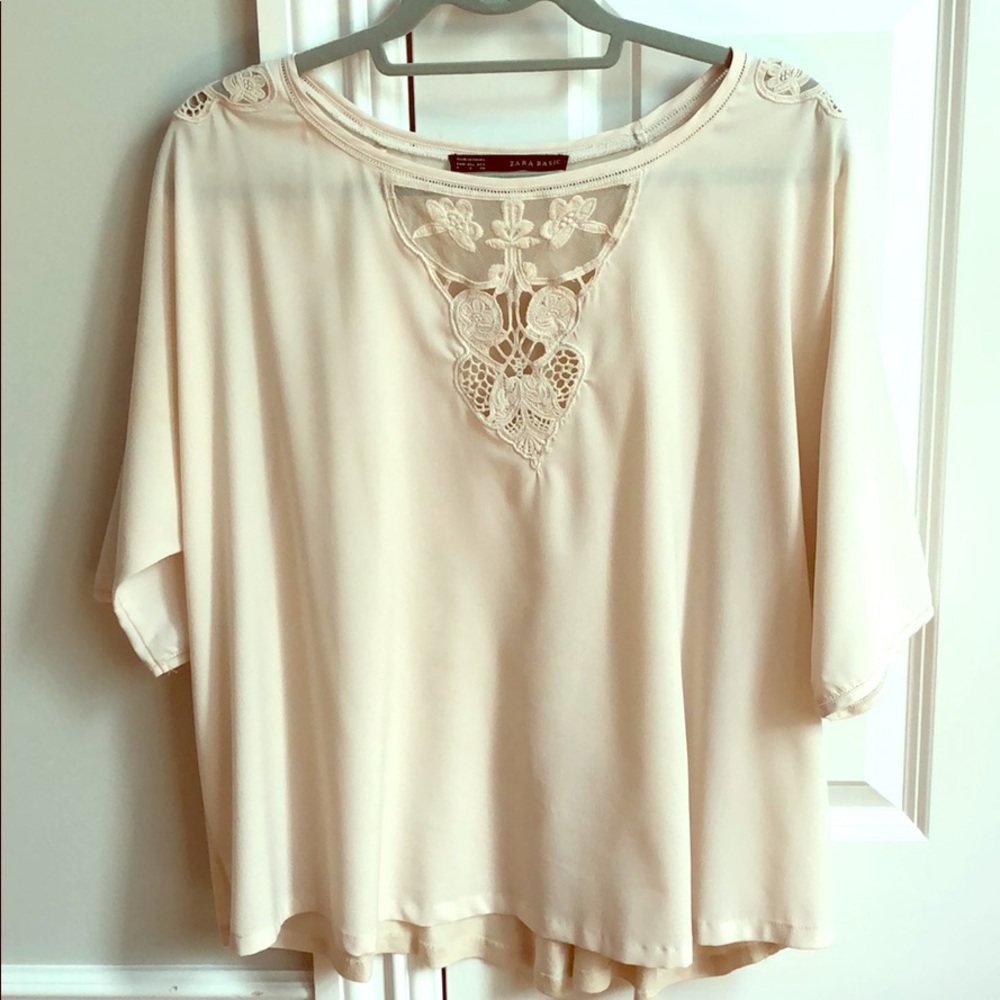 Zara women’s S cream blouse w/ lace and mesh inlay